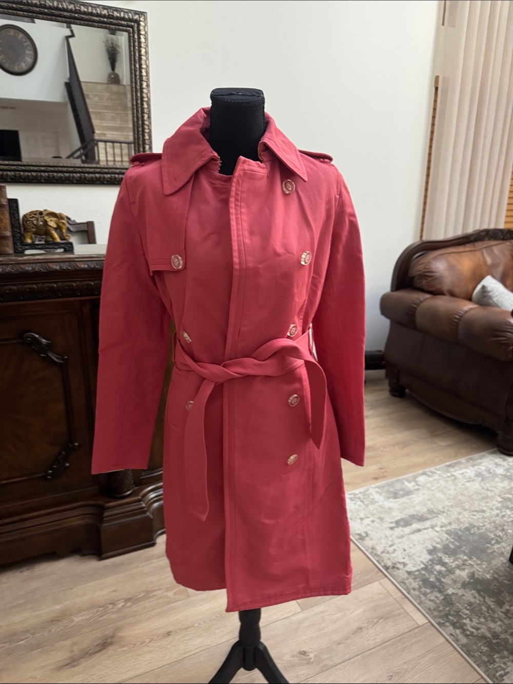 Express Coral Pink Double-Breasted Trench Coat with Belt